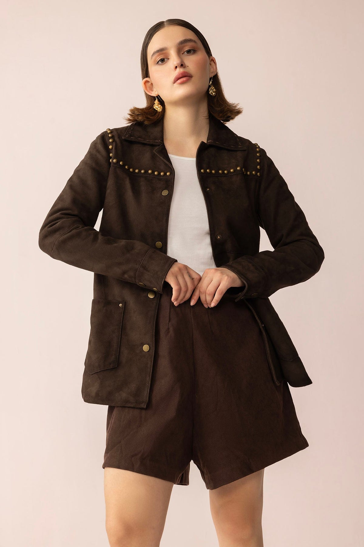 Myra USA Grit & Glisten Leather Jacket in Shadow Brown, close-up of the stylish leather jacket with detailed stitching and texture.