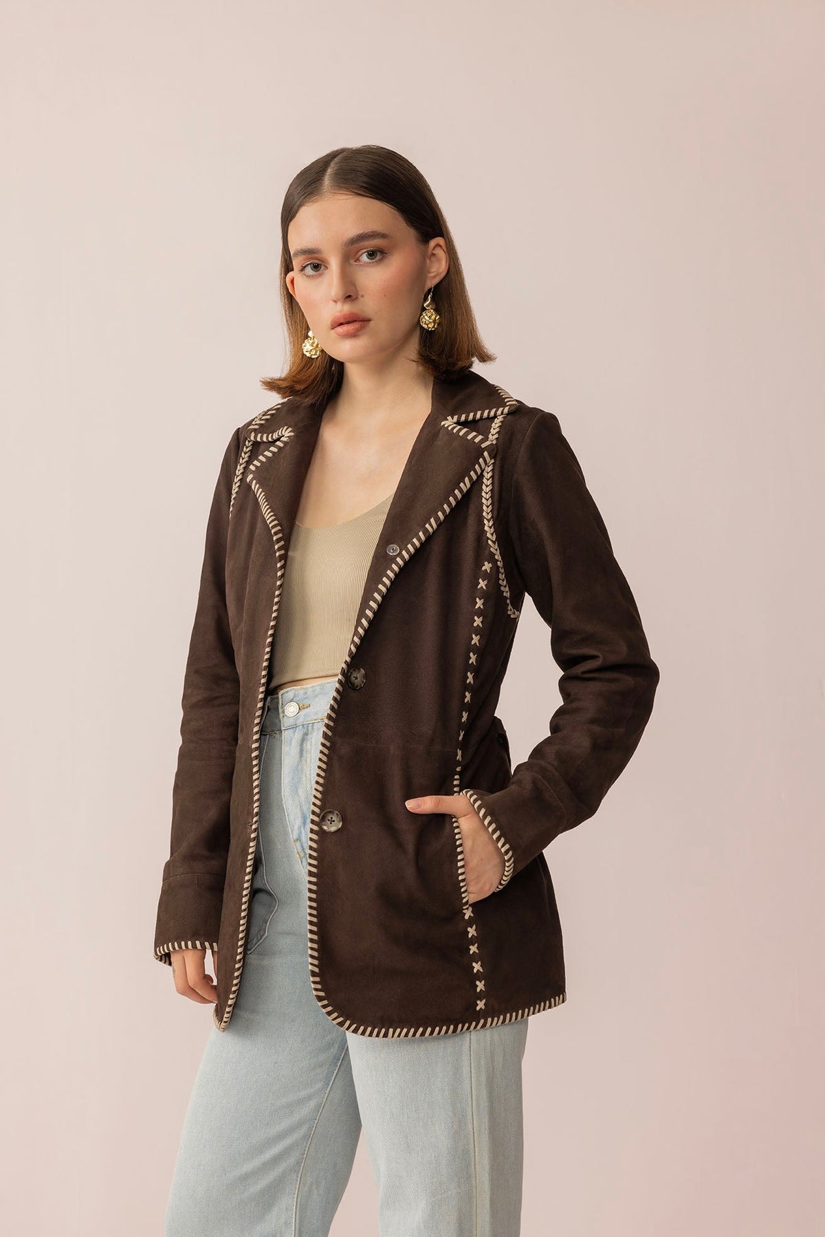 Myra USA Wandering Compass Sierra Black leather jacket showing front view with collar and detailed stitching.