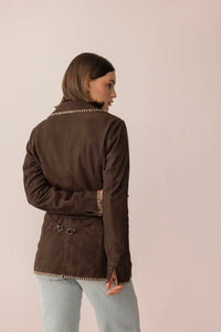 Myra USA Wandering Compass Leather Jacket in Sierra Black, small size, featuring a sleek black leather design and compass embroidery.