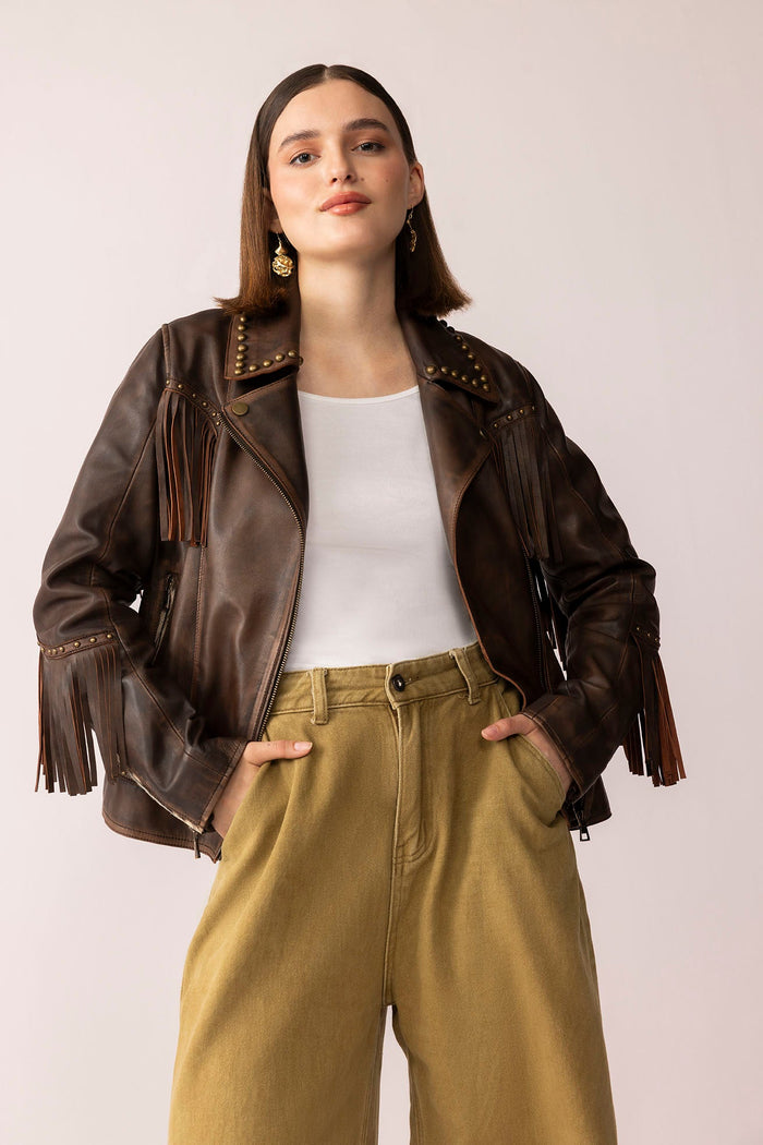 Myra USA Fury Rider leather jacket in smoky brown, featuring a stylish design and classic fit, shown in a small size.