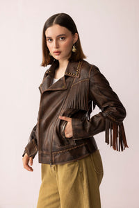 Myra USA Fury Rider leather jacket in smoky brown, showcasing a stylish, fitted design with detailed stitching and classic collar.