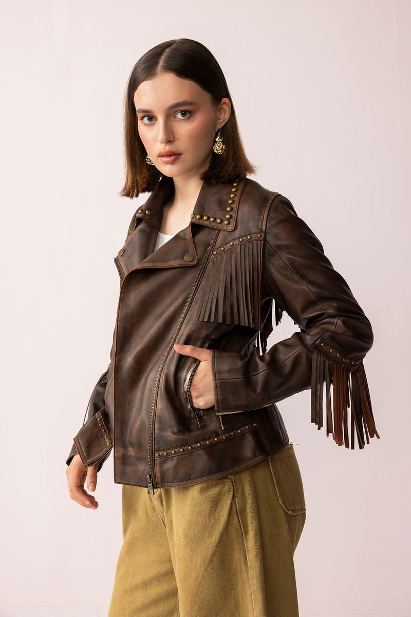 Myra USA Fury Rider leather jacket in smoky brown, showcasing a stylish, fitted design with detailed stitching and classic collar.