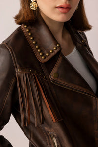 Myra USA Fury Rider leather jacket in smoky brown, showcasing a stylish fitted design with detailed stitching and classic collar.