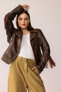 Myra USA Fury Rider leather jacket in smoky brown, featuring a stylish fit and detailed craftsmanship.