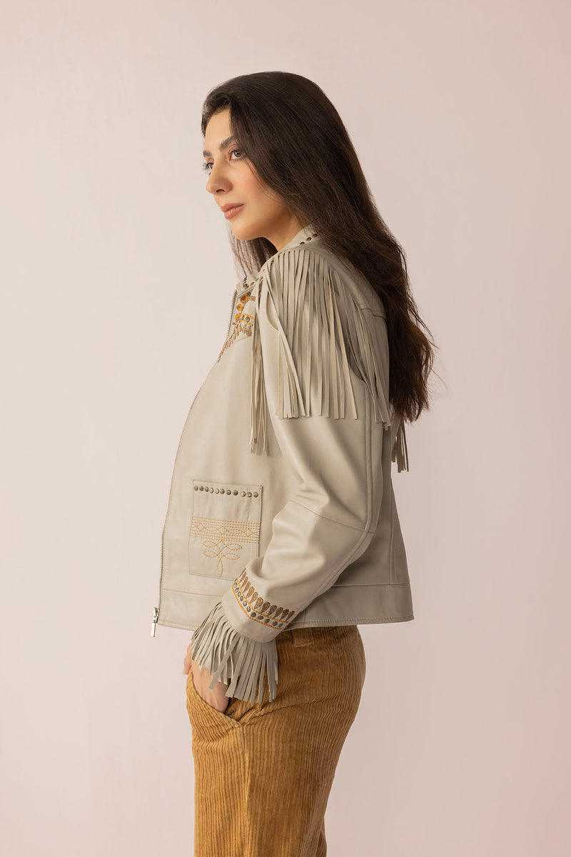 Dust & Daisies leather jacket in Starlit White by Myra USA, featuring a stylish white leather design with subtle daisy accents.