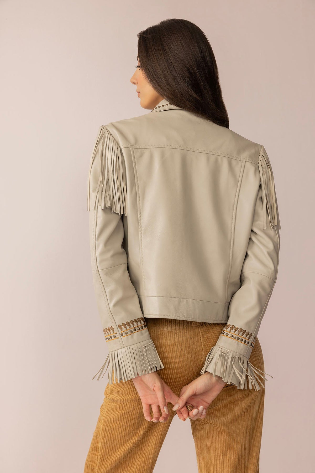 Myra USA Dust & Daisies leather jacket in Starlit White with floral detailing, stylish and lightweight women's leather jacket.