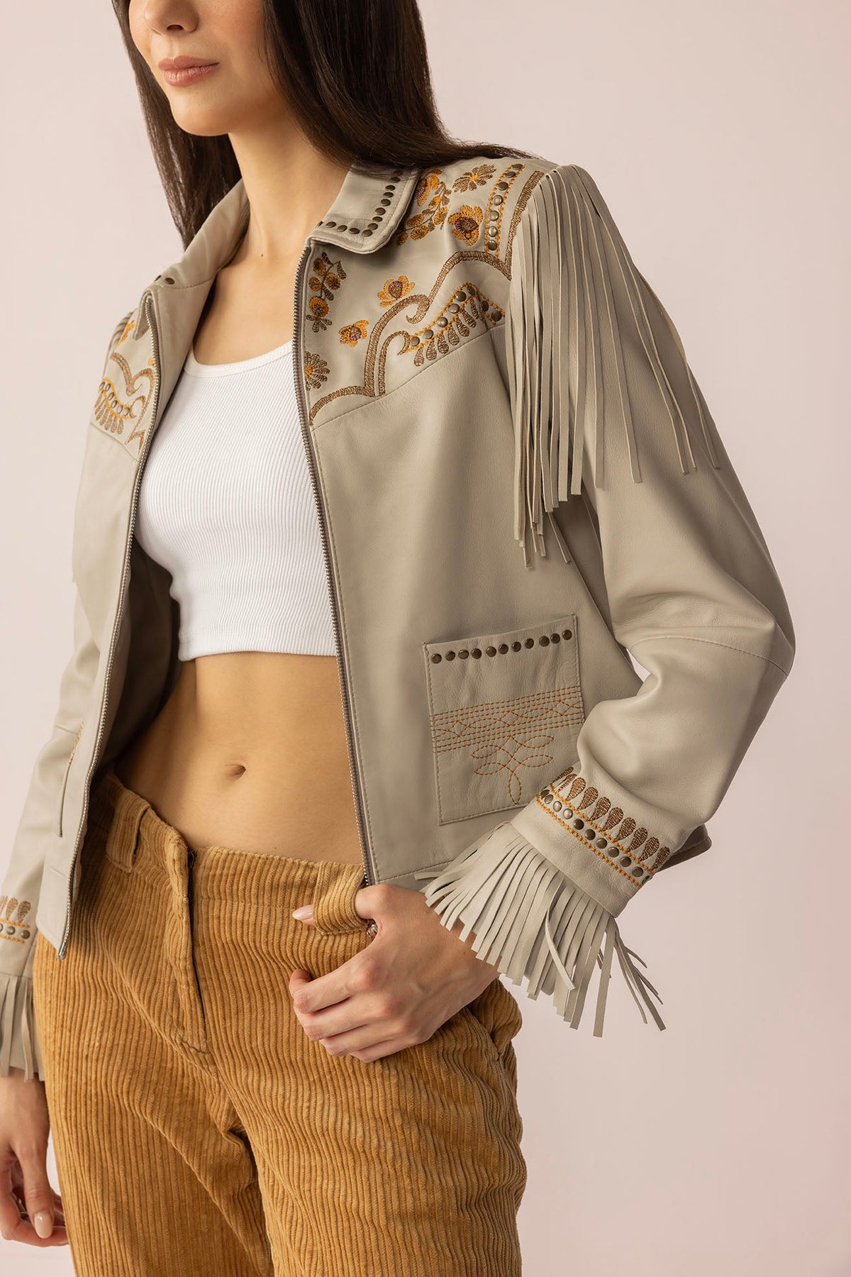 Myra USA Dust & Daisies leather jacket in Starlit White with floral details, stylish and lightweight leather outerwear.