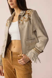 Myra USA Dust & Daisies leather jacket in Starlit White with floral details, stylish and lightweight leather outerwear.