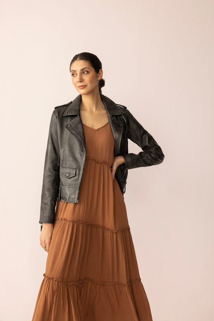 Myra USA Punk Pulse leather jacket in static black with modern design, featuring a sleek, fitted style and classic leather texture.