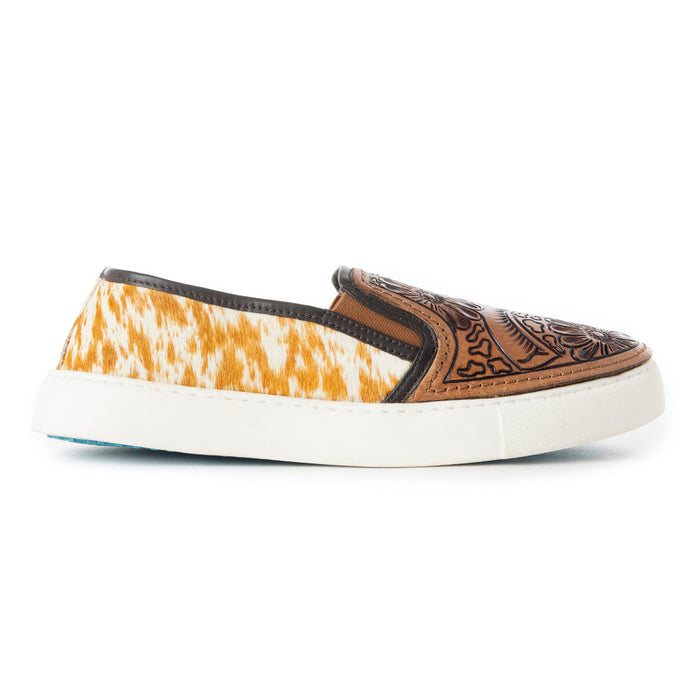 Myra USA Western Handtooled Hairon Sneakers for women featuring floral slip-on design with leather accents and Western style.