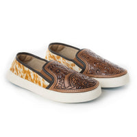 Myra USA Western Handtooled Hairon Sneakers for women with floral slip-on design and leather accents, showcasing Western-style shoes.