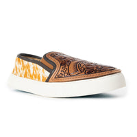 Myra USA Western Handtooled Hairon Sneakers for women featuring floral slip-on design with leather accents and Western style.