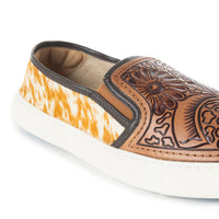 Myra USA women's Western Handtooled Hairon Sneakers with floral slip-on design and leather accents, showcasing Western style.