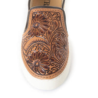 Myra USA Western Handtooled Hairon Sneakers for Women with floral slip-on design and leather accents, showcasing Western style and craftsmanship.