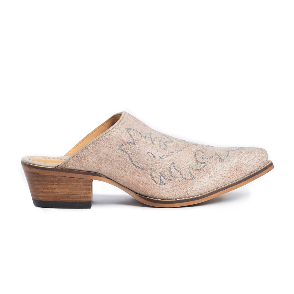 Myra USA Ivory embroidered mules for women with pointed toe, low block heel, Western leather shoes, stylish and comfortable footwear.