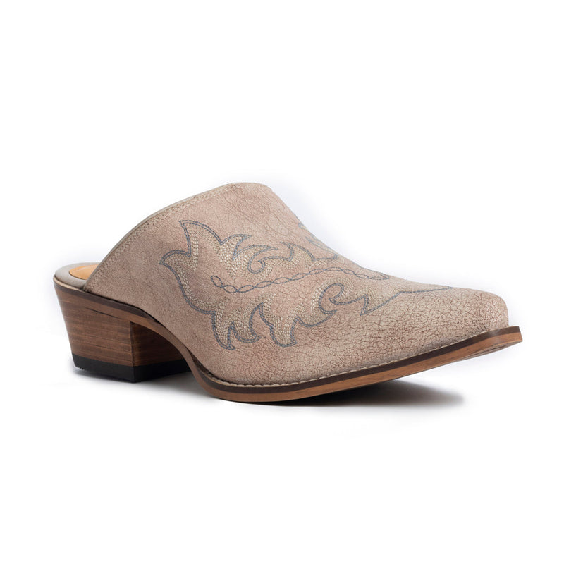 Myra USA ivory embroidered mules for women with pointed toe, low block heel, Western leather shoes, stylish and comfortable footwear.