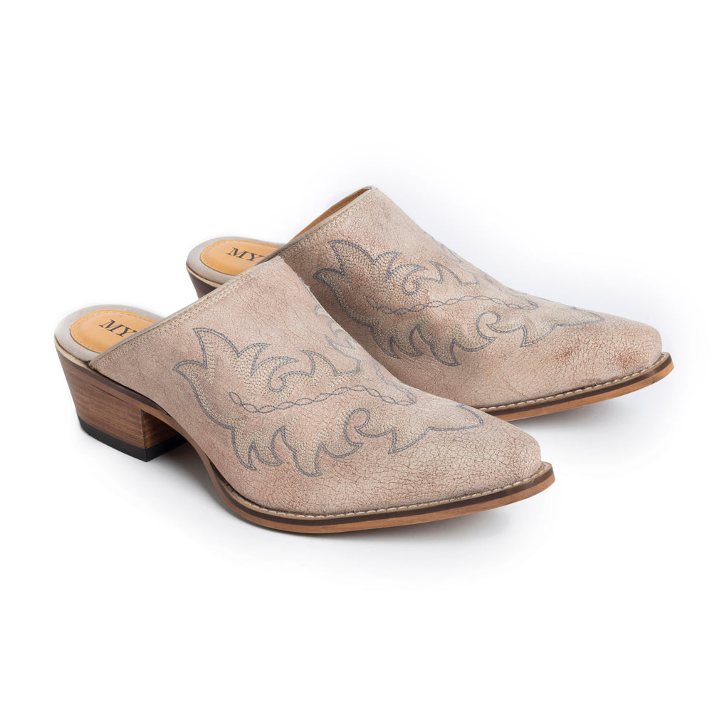 Myra USA Ivory embroidered leather mules for women with pointed toe and low block heel, Western style shoes.