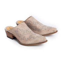 Myra USA Ivory embroidered leather mules for women with pointed toe and low block heel, Western style shoes.