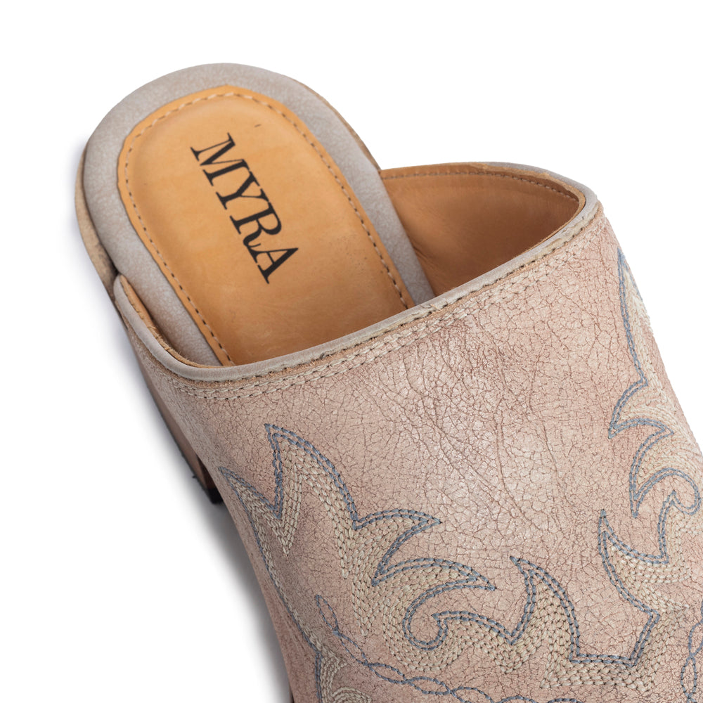 Myra USA ivory embroidered mules for women with pointed toe, low block heel, Western leather shoes.