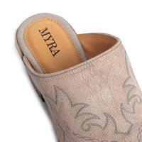 Myra USA ivory embroidered mules for women with pointed toe, low block heel, Western leather shoes.