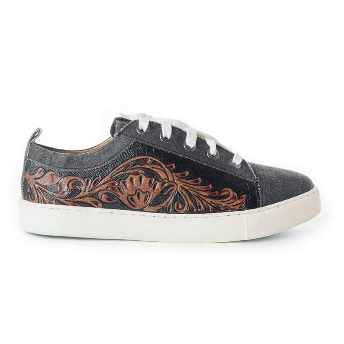 Myra USA women's leather sneakers with Western lace-up design, textured finish, hand-tooled details for everyday style.