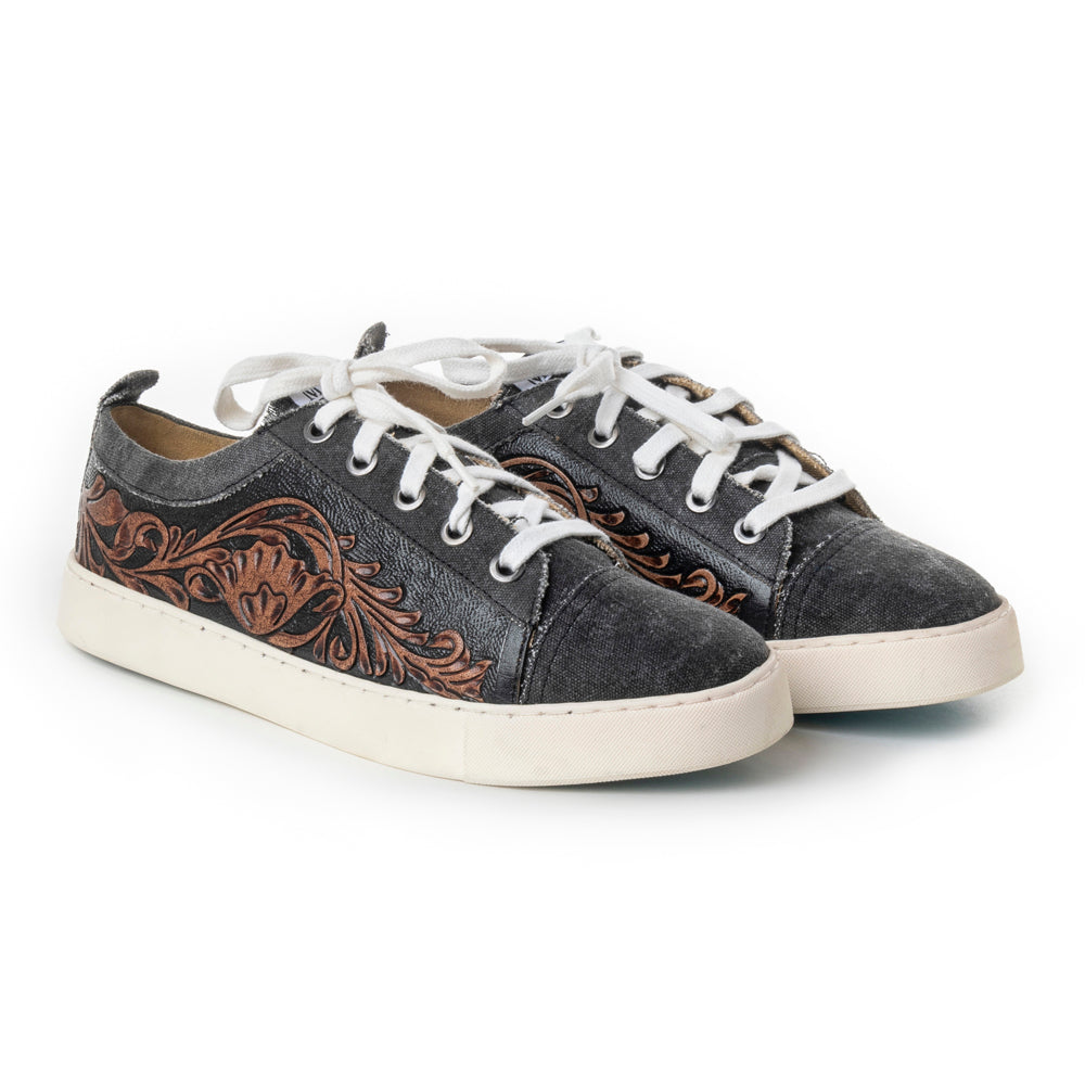 Myra USA women's limited edition leather sneakers with hand-tooled western lace-up design and textured finish.