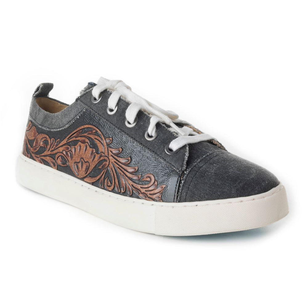 Myra USA women's leather sneakers with hand-tooled western lace-up design and textured finish, perfect for everyday casual style.