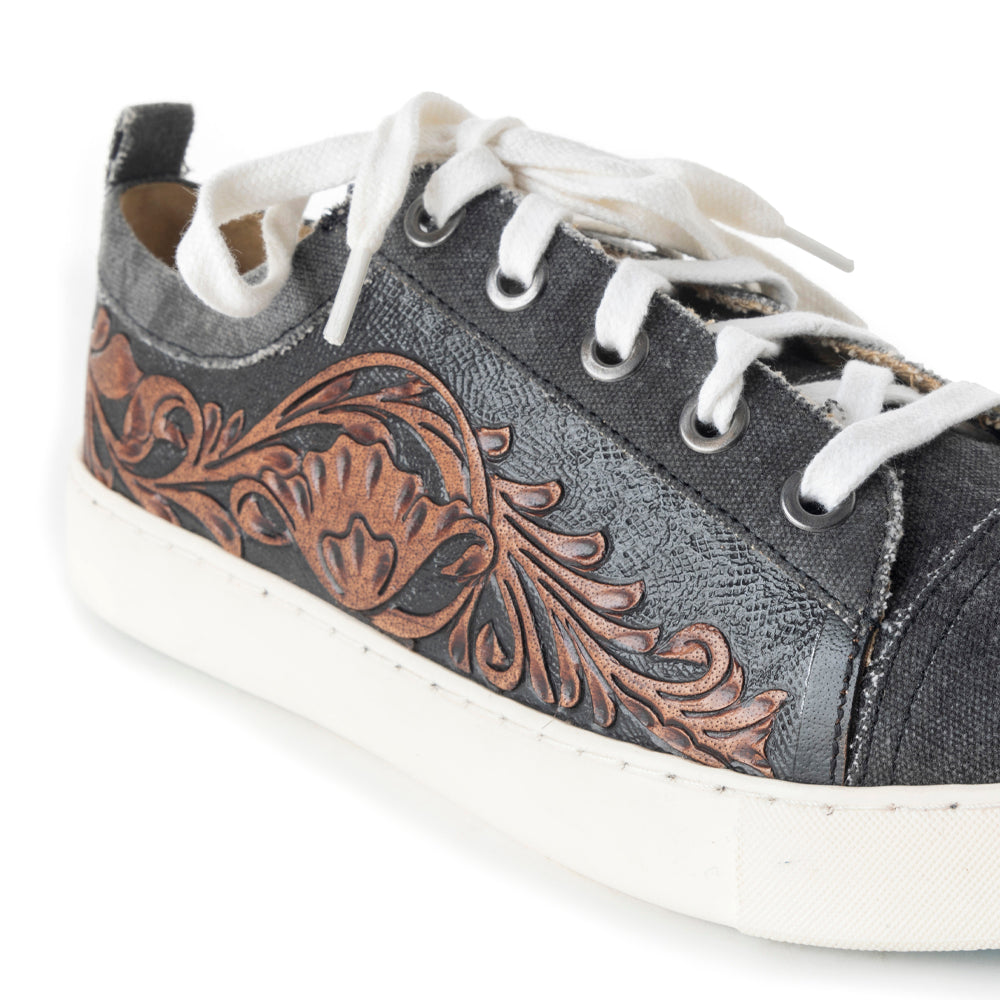 Myra USA women's leather sneakers with Western lace-up design, textured finish, handcrafted style for everyday casual wear.