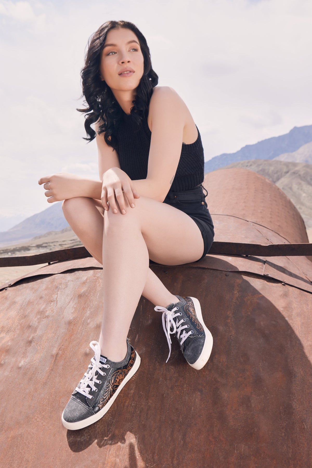 Myra USA women's leather sneakers with western lace-up design, textured finish, handcrafted for stylish everyday wear.