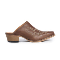 Myra USA Ximena Ranch brown embroidered mule shoes for women with pointed toe and low block heel, Western leather footwear.