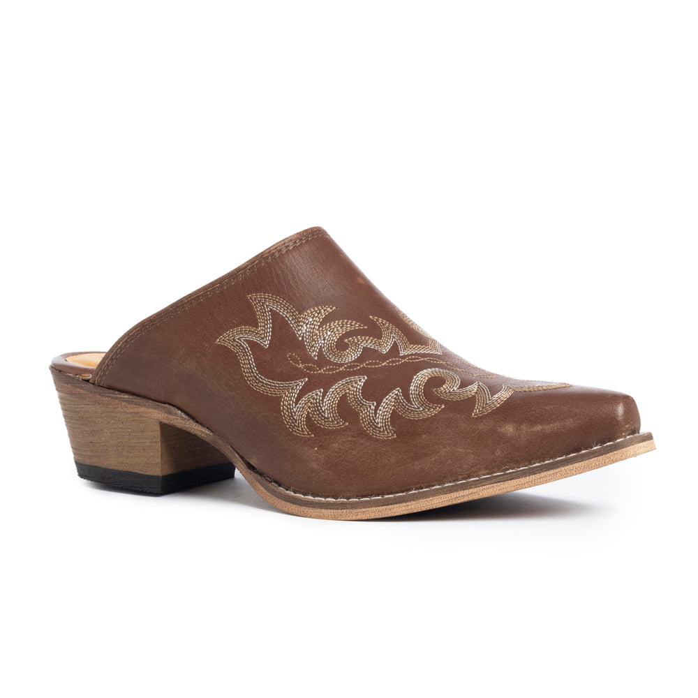 Myra USA Ximena Ranch brown embroidered mules for women with pointed toe and low block heel, Western leather shoes.