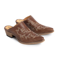Brown embroidered Myra Ximena Ranch women's mules with pointed toe and low block heel, Western leather shoes by Myra USA.