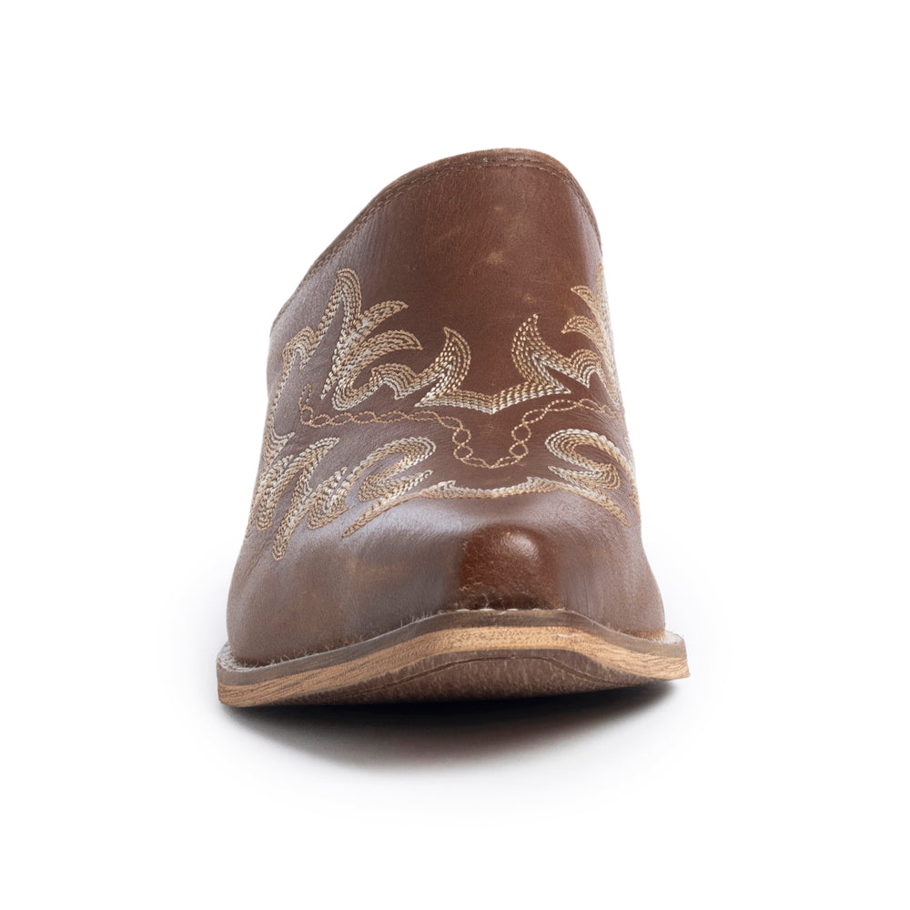 Myra USA Ximena Ranch brown embroidered mules for women, pointed toe, low block heel, western leather shoes.