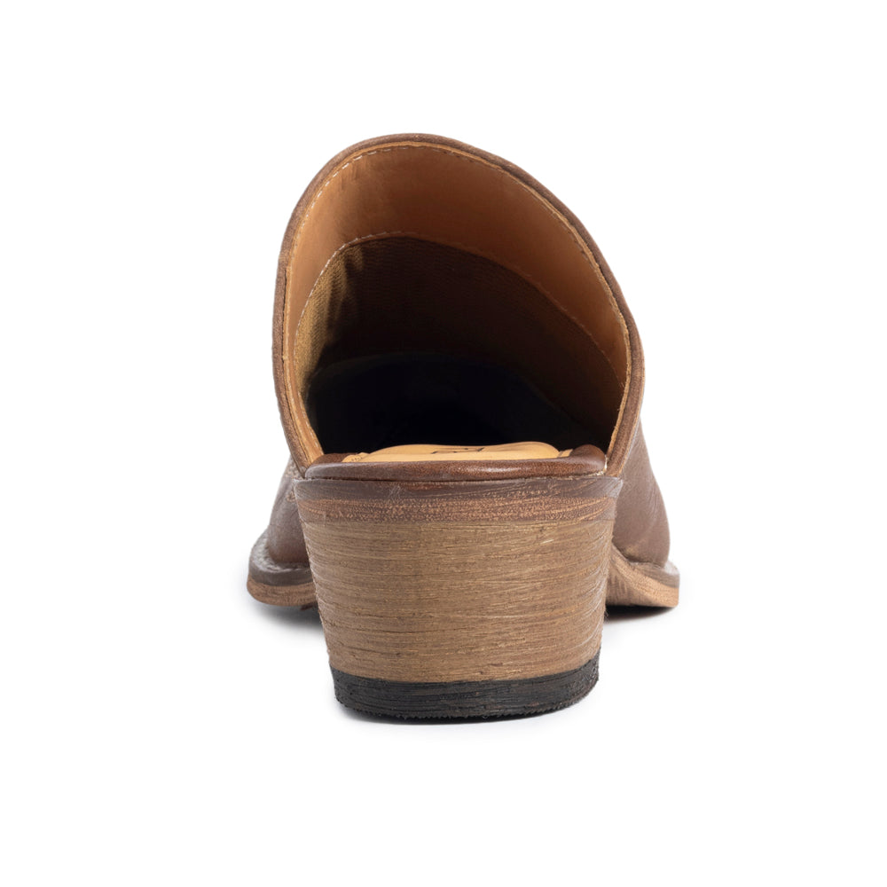Myra USA Ximena Ranch brown embroidered leather mules for women with pointed toe and low block heel, Western style shoes.