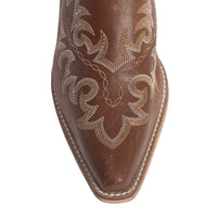 Myra USA Ximena Ranch brown embroidered mules for women with pointed toe and low block heel, Western leather shoes.