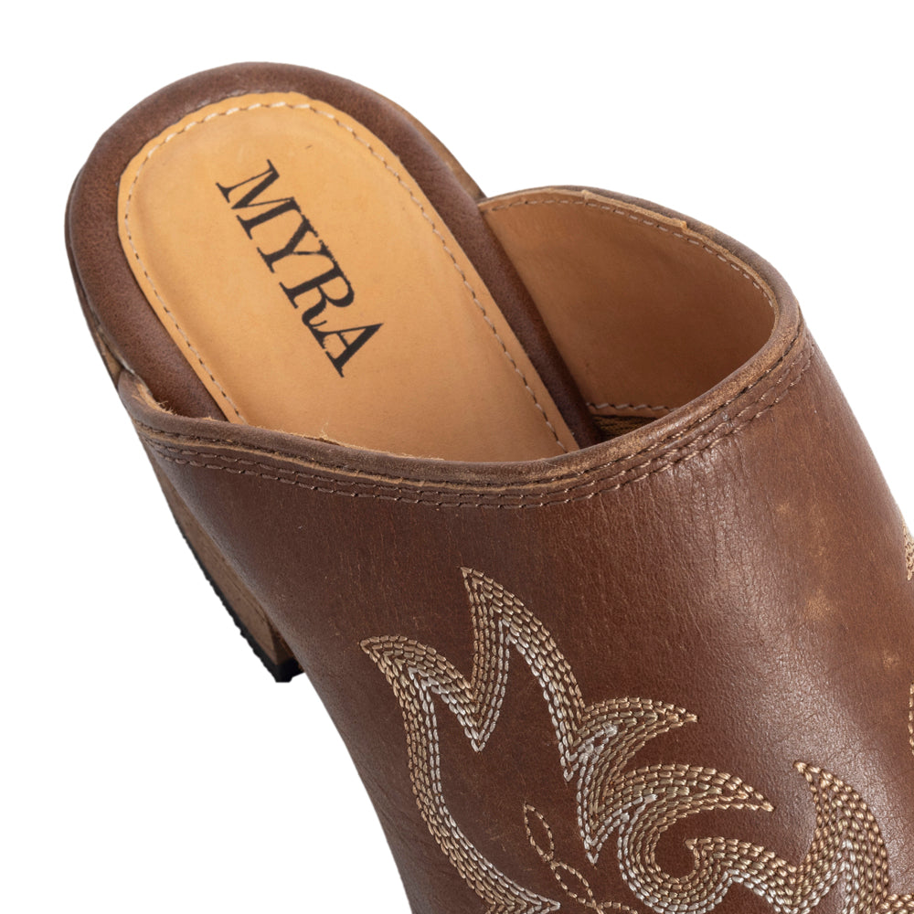 Myra USA Ximena Ranch brown embroidered mule shoes for women, pointed toe, low block heel, Western leather shoes.