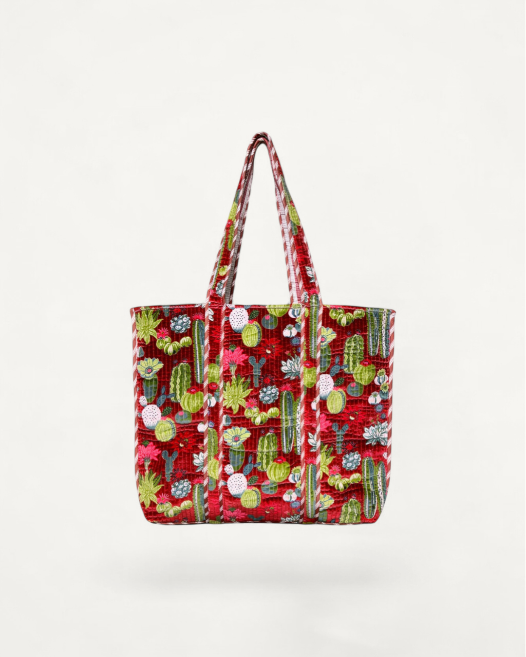 Large burgundy velvet tote bag with cactus design from nibimtk.com, stylish accessory for daily use
