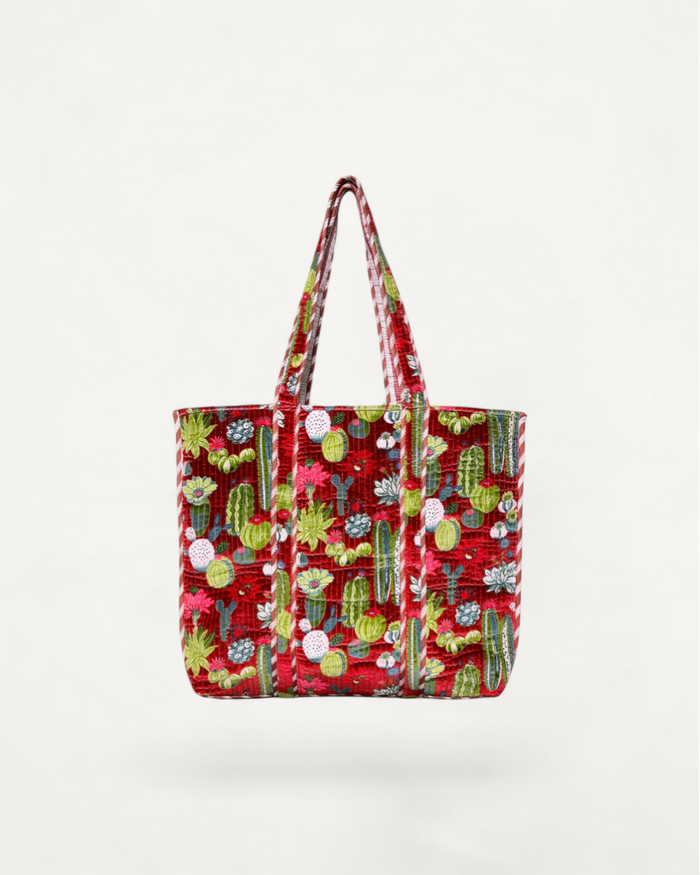 Large burgundy velvet tote bag with cactus design from nibimtk.com, stylish accessory for daily use