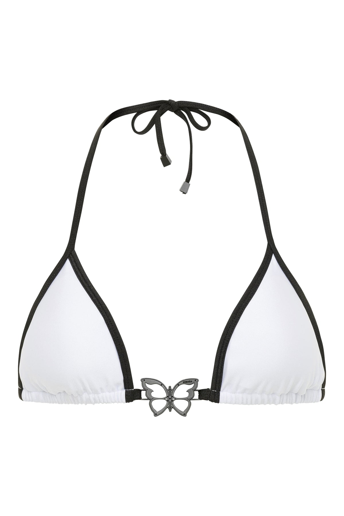 NIKOZA Brickell Chic bikini top in black and white with triangle design, featuring adjustable straps and stylish swimwear details.