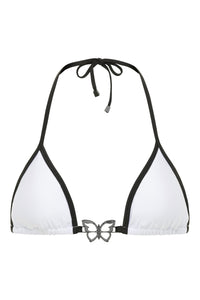 NIKOZA Brickell Chic bikini top in black and white with triangle design, featuring adjustable straps and stylish swimwear details.