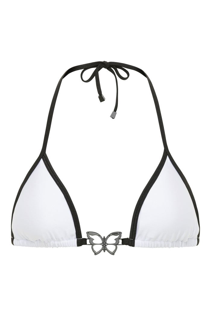 NIKOZA Brickell Chic bikini top in black and white with triangle design, featuring adjustable straps and stylish swimwear details.