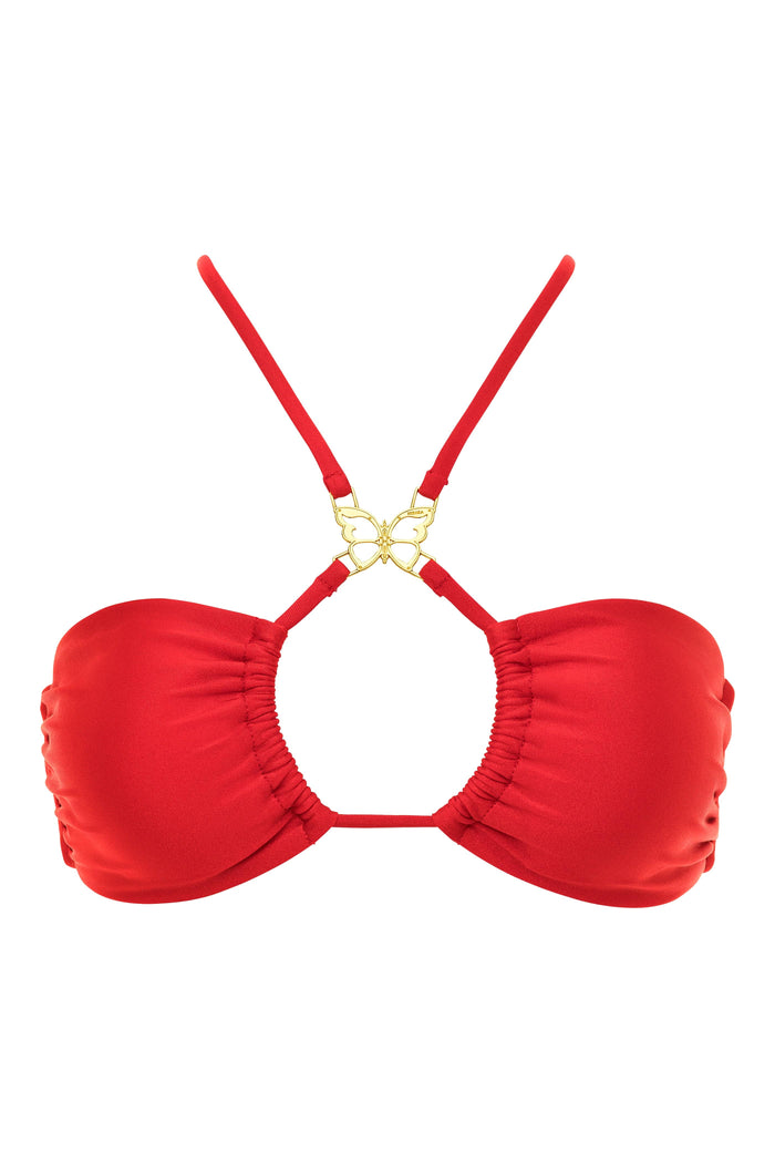 Red NIKOZA Camila bikini top with adjustable straps and subtle detailing, perfect for beach and pool days.
