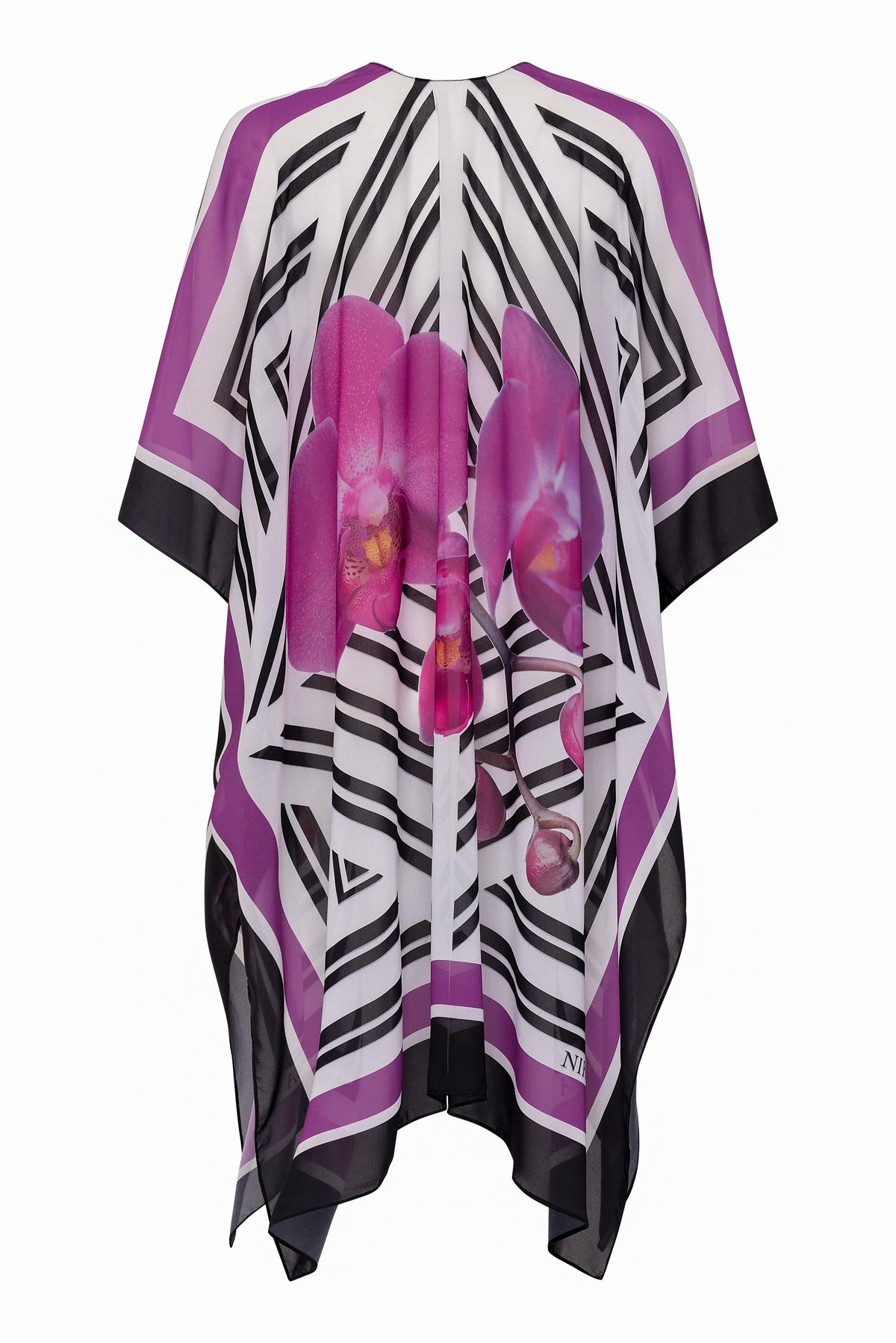 White Phalaenopsis silk cover-up tunic by NIKOZA featuring a flowing, lightweight design for elegant beachwear.