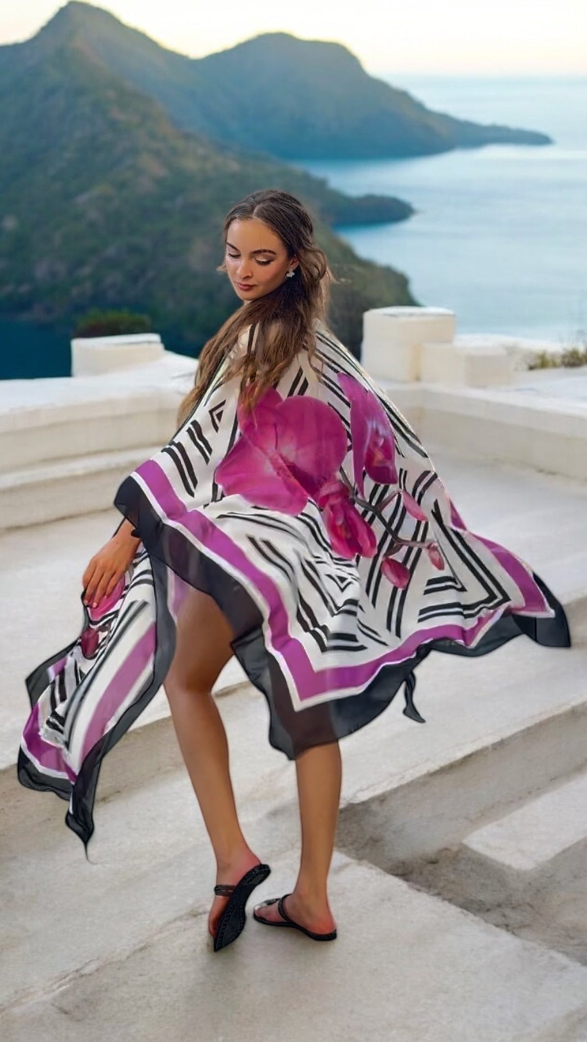 NIKOZA Phalaenopsis silk cover-up tunic with floral pattern, lightweight and elegant, perfect for layering or casual wear.