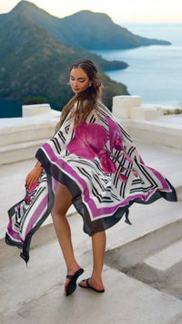 NIKOZA Phalaenopsis silk cover-up tunic with floral pattern, lightweight and elegant, perfect for layering or casual wear.
