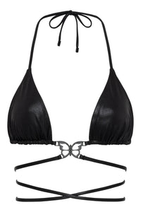 Black shimmer Mariposa Top by NIKOZA, small size, shown on a hanger with close-up of fabric texture and stylish design.