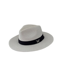 White NIKOZA Fedora Hat, stylish wide-brim hat made of lightweight material, perfect for fashion-forward occasions.