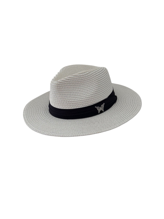 White NIKOZA Fedora Hat, stylish wide-brim hat made of lightweight material, perfect for fashion-forward occasions.