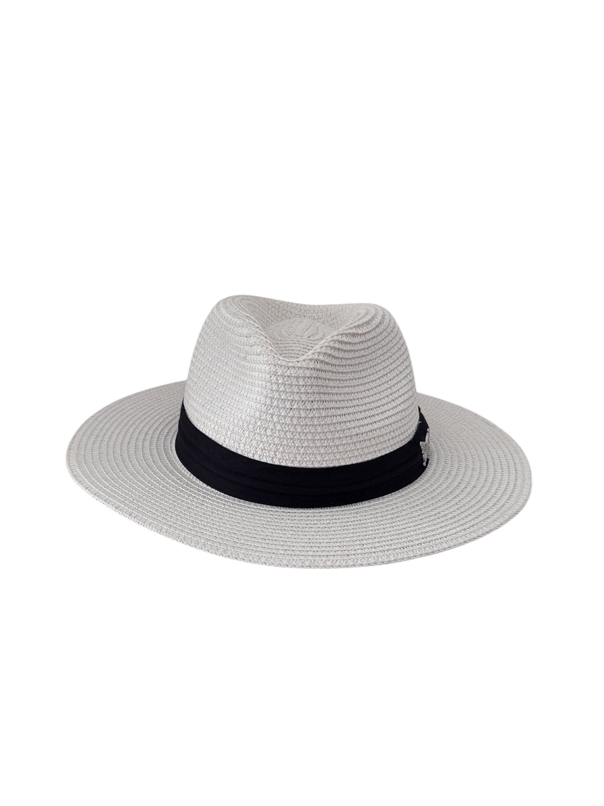White NIKOZA Fedora Hat with wide brim and classic style, shown on a plain background. Perfect for stylish sun protection.