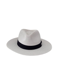 White NIKOZA Fedora Hat with wide brim and classic style, shown on a plain background. Perfect for stylish sun protection.